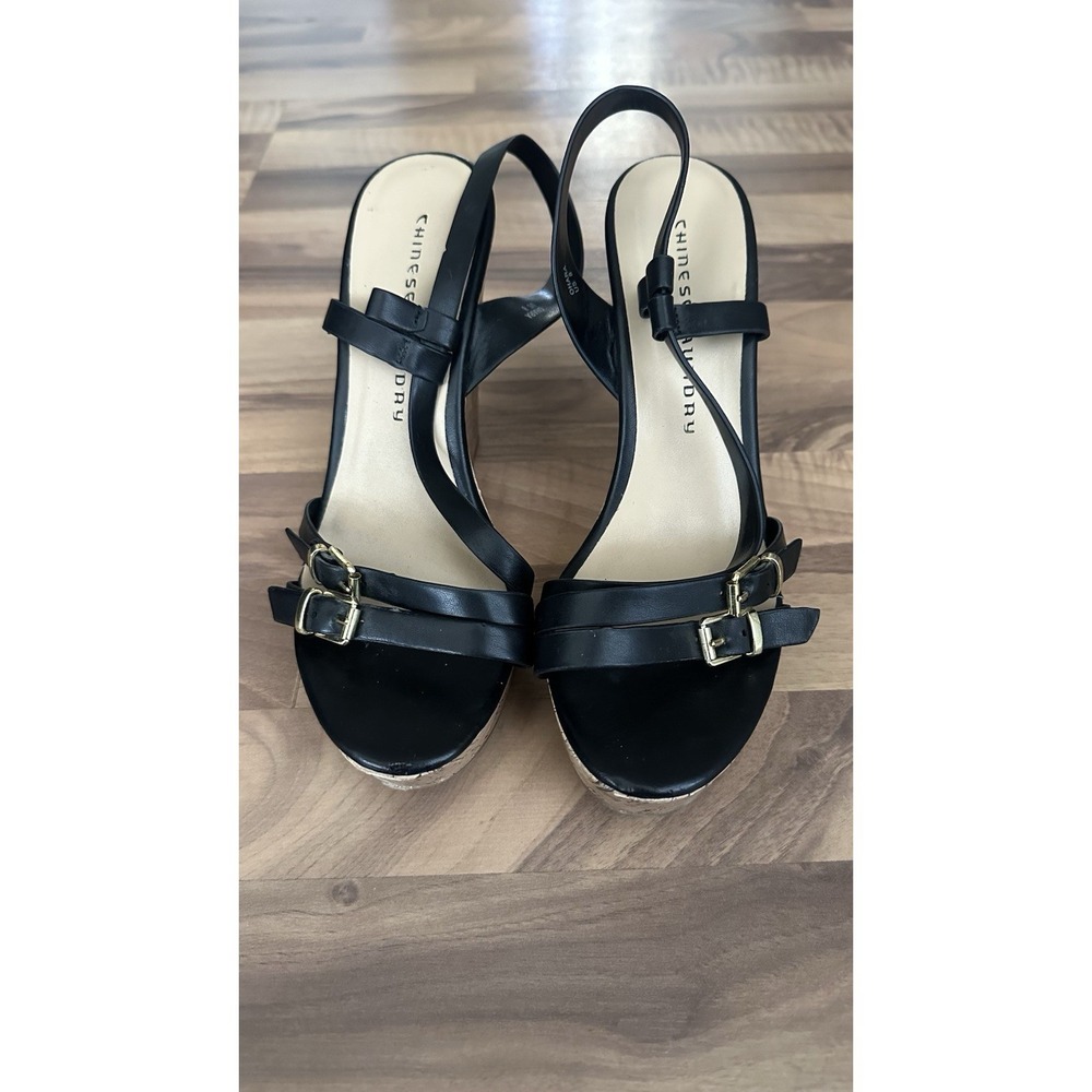 Chinese Laundry Black Leather Cork Wedge Platform Sandal Summer Heels Size 8 - Picture 5 of 11